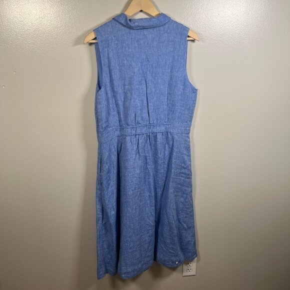 Talbots Linen Faux Wrap Dress Size 16 Petite Blue Minimal Coastal Work Midi - Picture 2 of 8